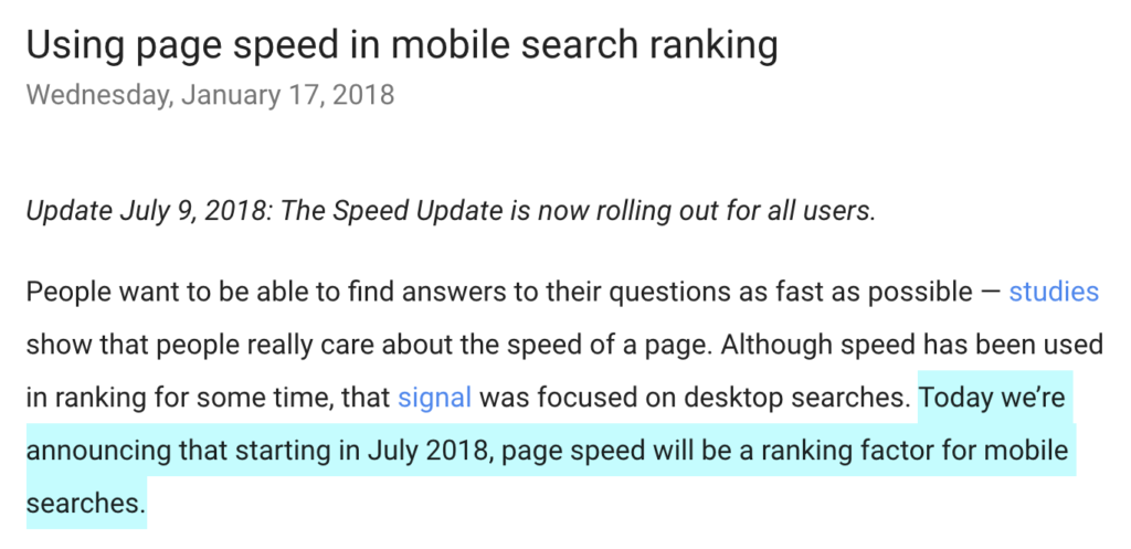 page speed as a ranking factor